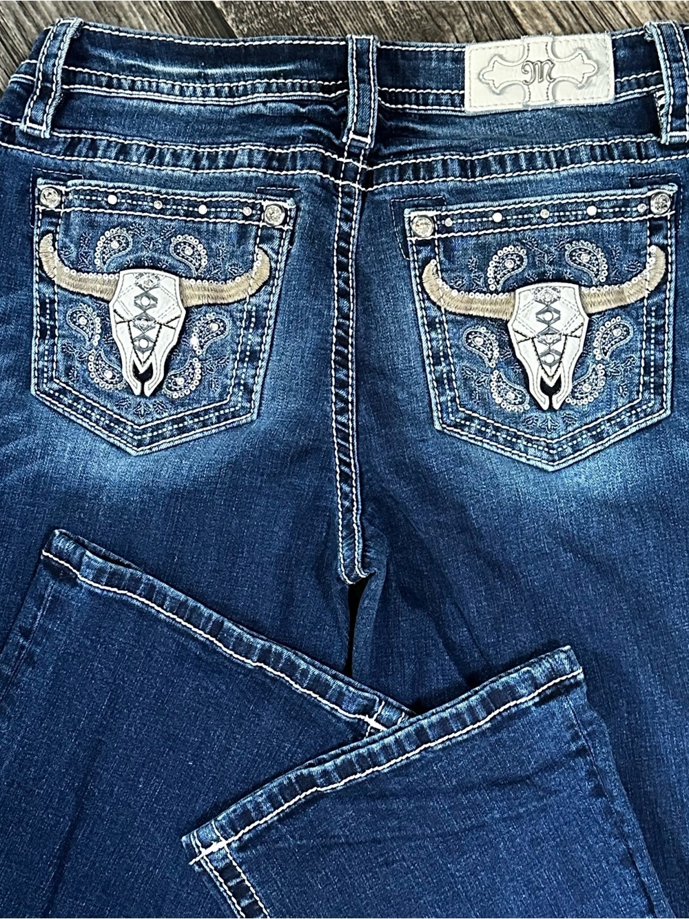 Miss Me Dark Blue Embroidered Skull Pocket Jeans